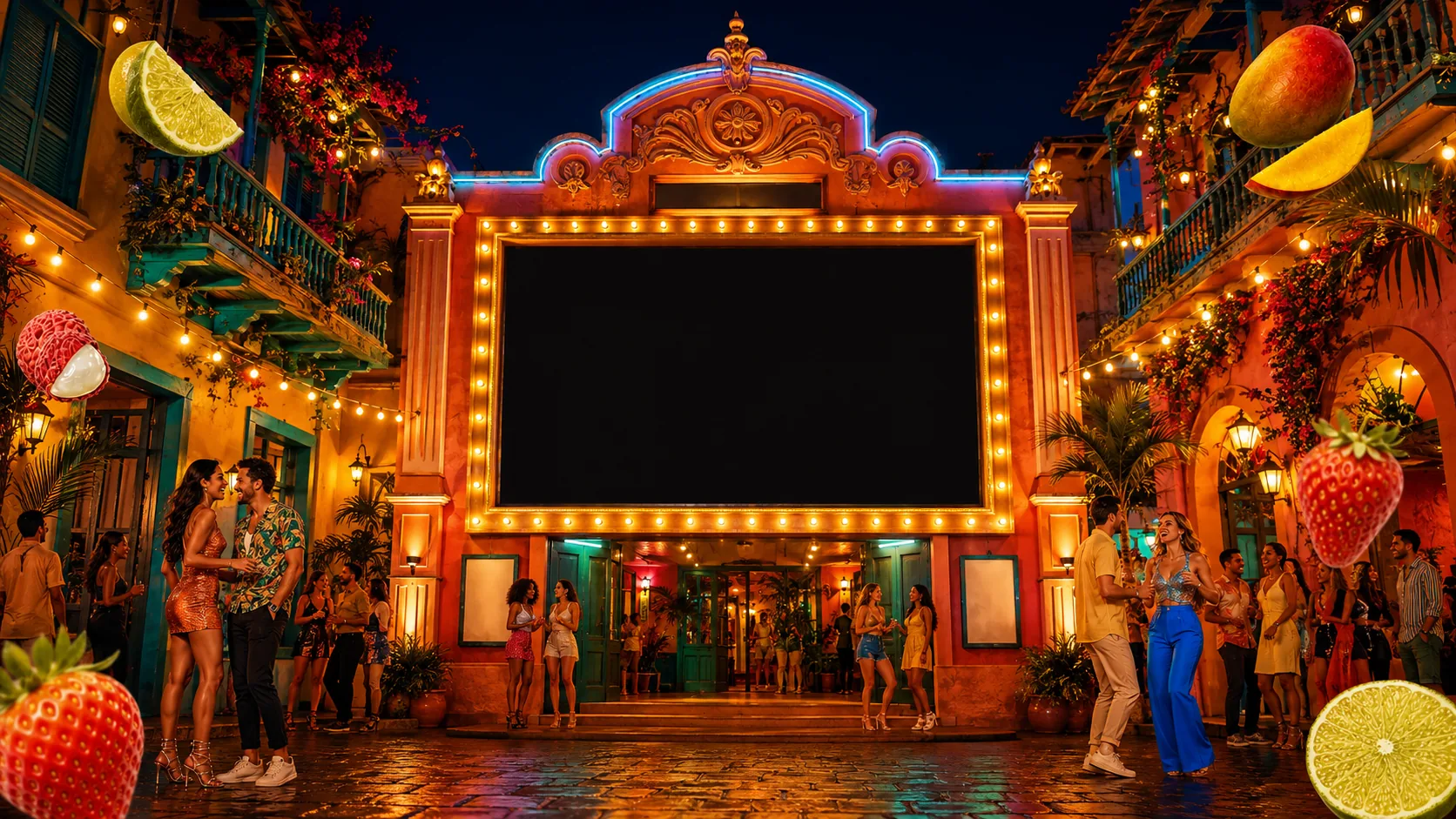 A playful vintage cinema glowing in Cartagena’s Old City at night