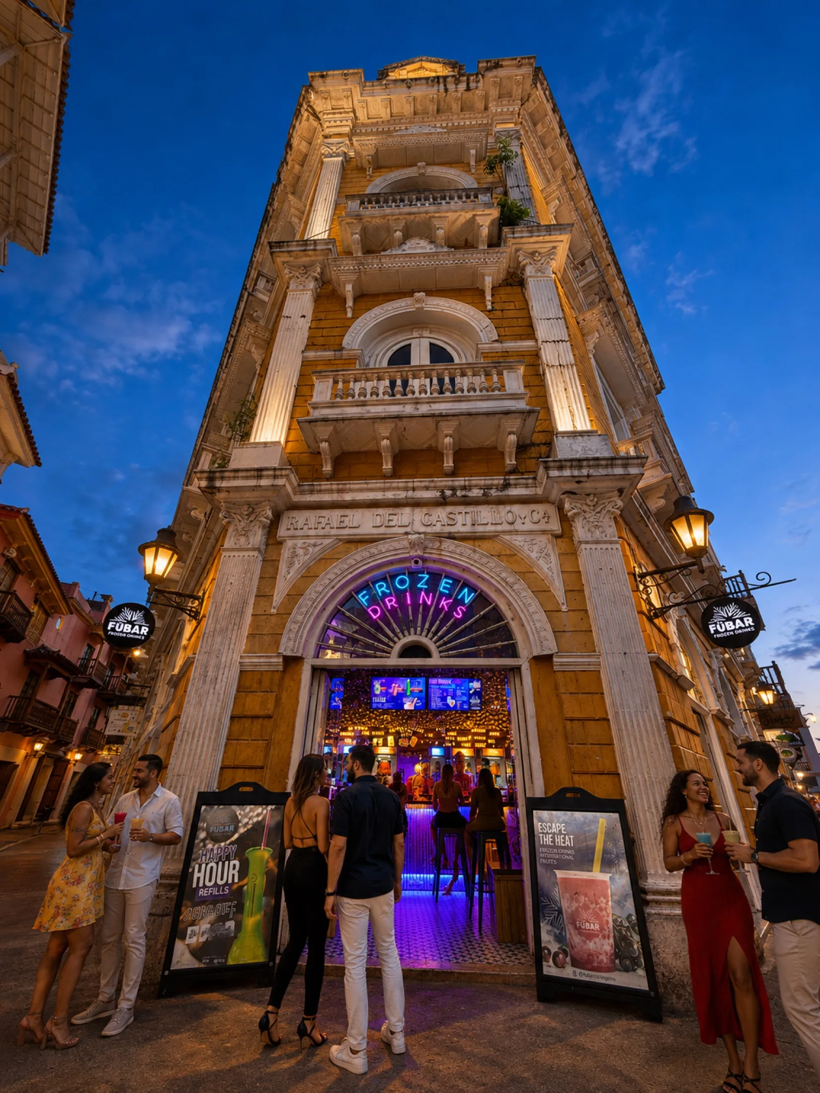 The illuminated FÜBAR Cartagena entrance on a lively evening in the Historic Center
