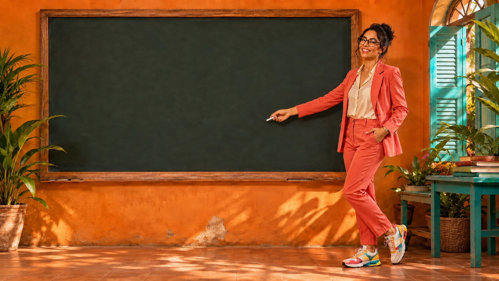 A stylish adult professor pointing at a review equation on a blackboard in a playful Cartagena classroom