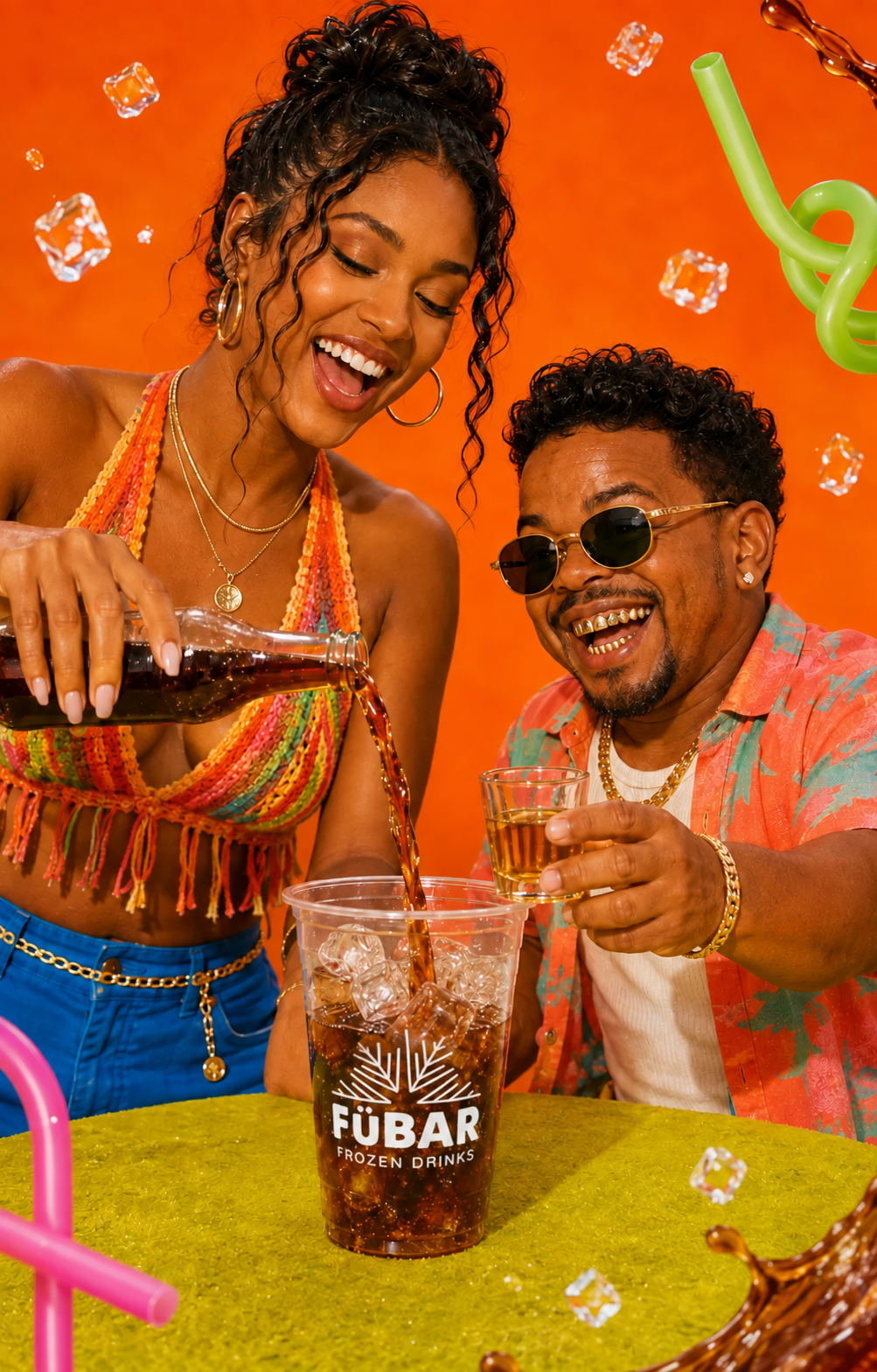 A stylish Black woman and an adult man with dwarfism and a gold dental grill laughing as they build an iced whiskey and cola