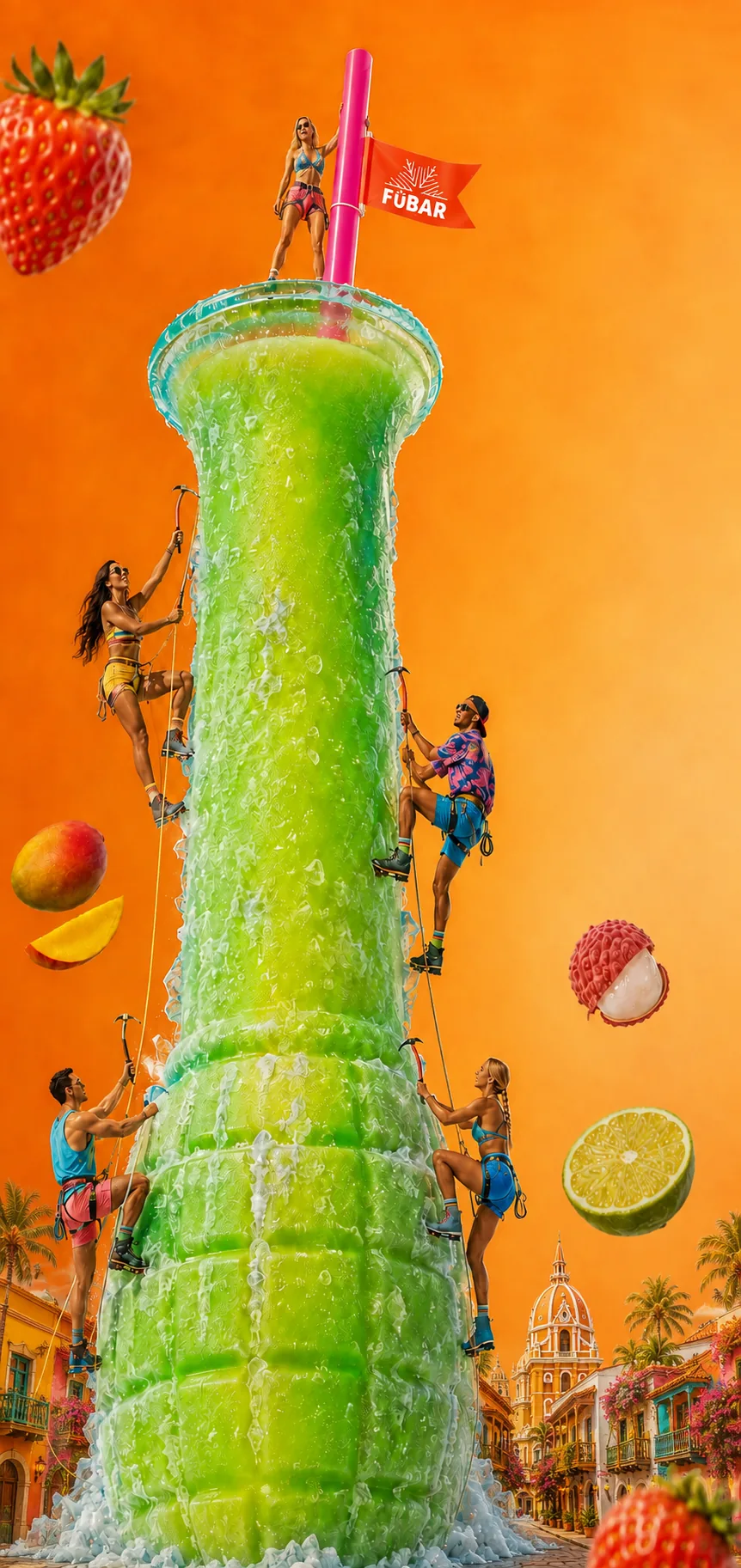 Tiny adult ice climbers scaling a giant frosty green FÜBAR refill cup with a flag on its straw