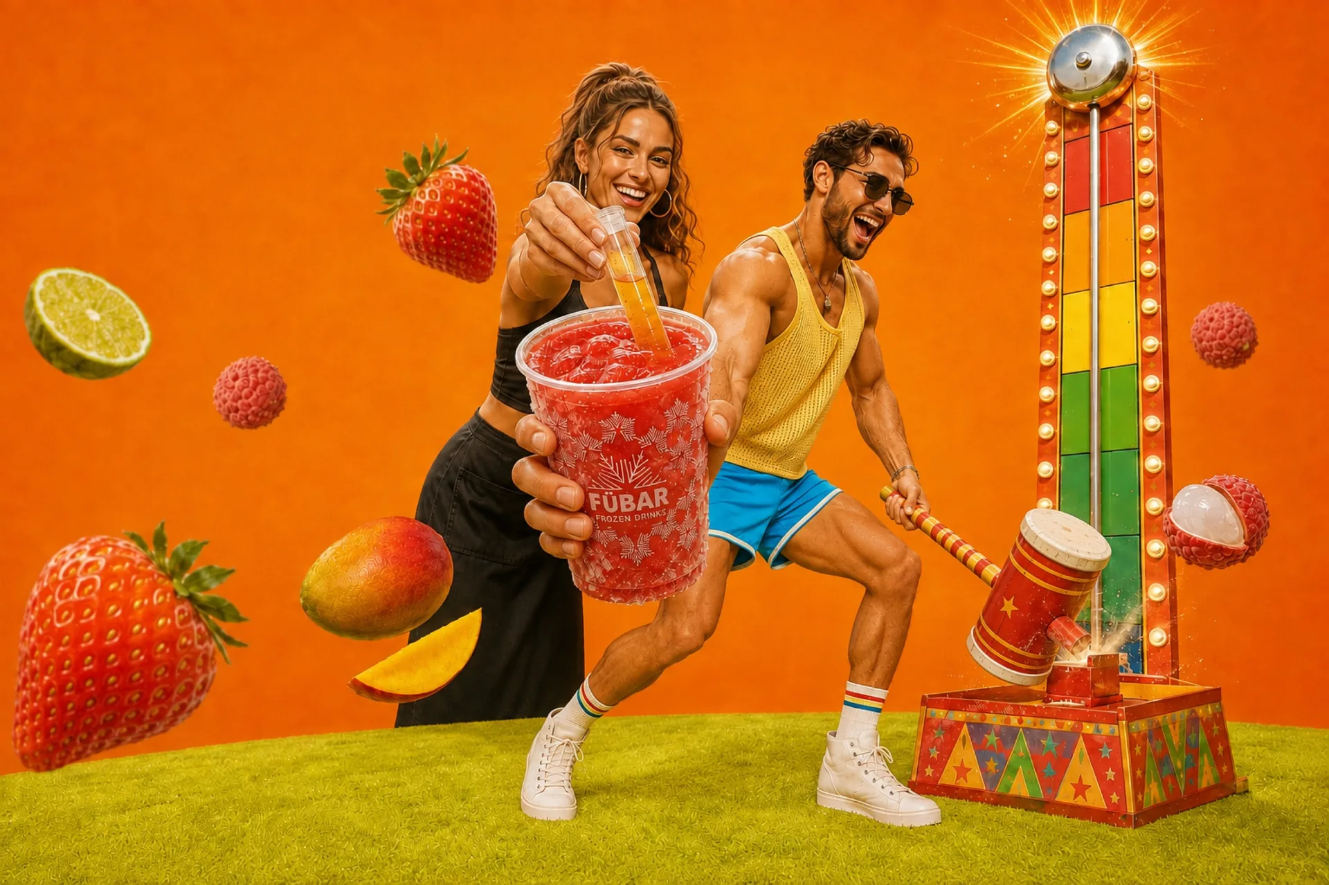 Strong man ringing a carnival strength meter one-handed while presenting a branded FÜBAR cocktail as a bartender adds a capped test-tube shot